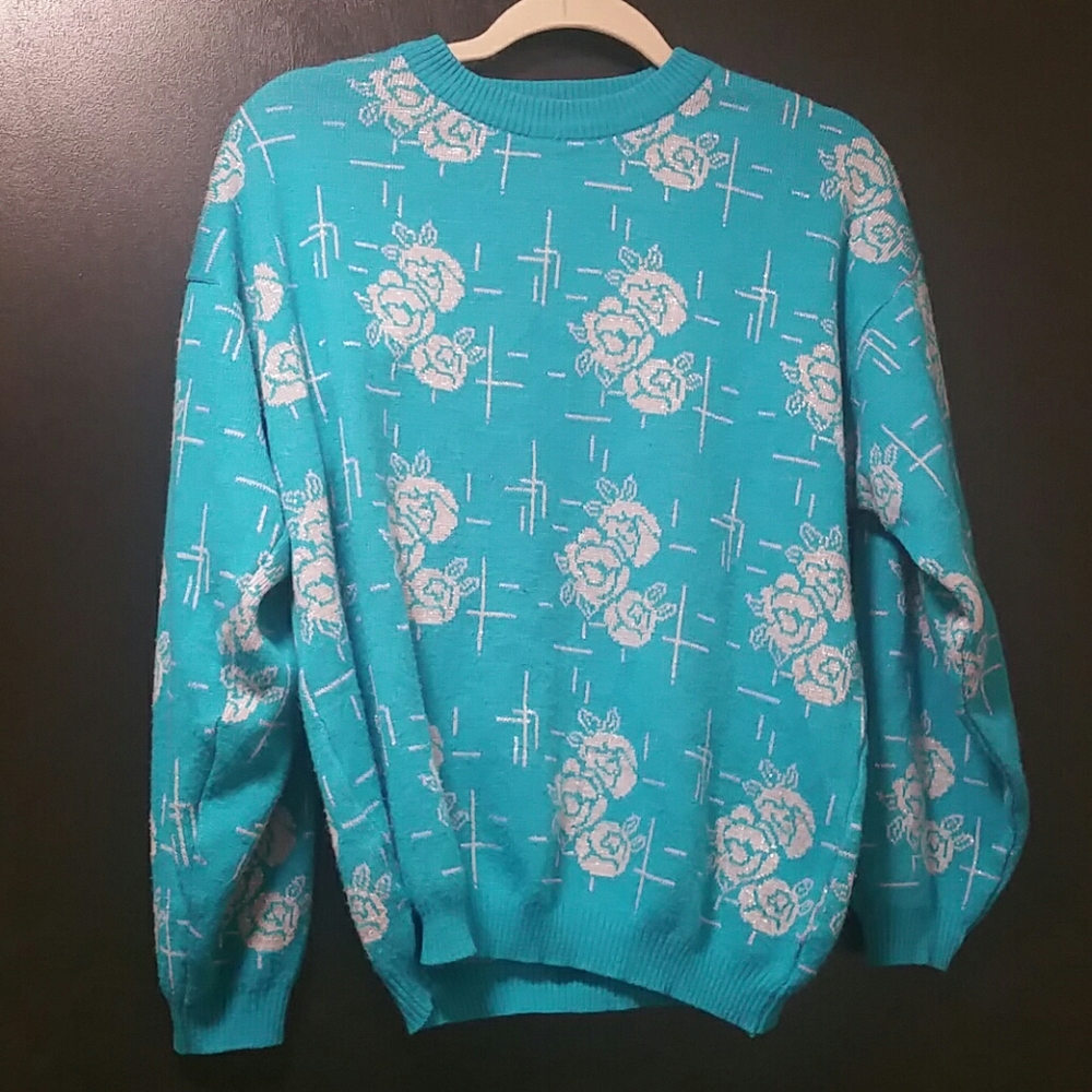 Vintage turquoise sweater  silver metallic Roses